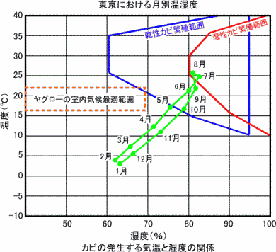 カビの発生する気温と湿度の関係グラフ